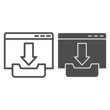 Pencere satırı ve simge indir. Dosya yükleme işareti olan tarayıcı sayfası. İnternet teknolojisi vektör tasarımı konsepti, beyaz arka planda ana hatlı resim çizimi, web ve uygulama için kullanım. Eps 10.