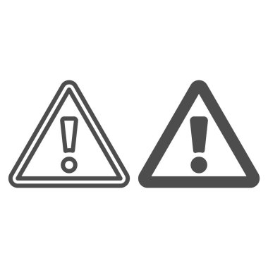 Dikkat hattı ve sağlam ikon. Ünlem, tehlike, üçgen sembollü uyarı, beyaz arkaplanda ana hatlı resim. Mobil konsept veya web tasarımı için inşaat tabelası. Vektör grafikleri.