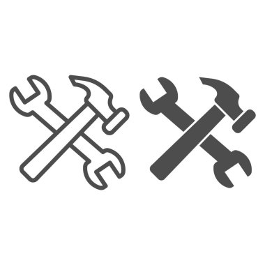 Çapraz çekiç, ingiliz anahtarı ve sağlam bir ikon. Tamir aletleri ve işçi ekipmanları sembolü, beyaz arka planda ana hatlı resim. Mobil konsept için inşaat tabelası, web tasarımı. Vektör grafikleri.