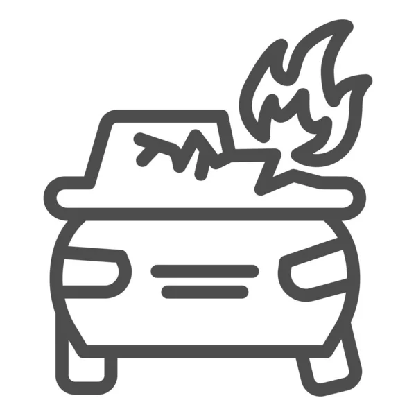 Burning icono de línea de coche. Auto en el fuego con la ventana rota y el símbolo de llama, pictograma de estilo de contorno sobre fondo blanco. Señal de accidente de tráfico para concepto móvil y diseño web. Gráficos vectoriales . — Vector de stock