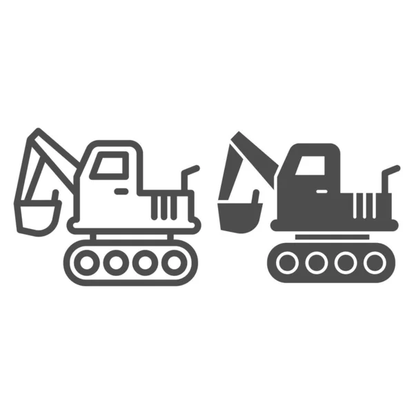 발굴자의 차량 라인 과 고체 아이콘. 크레인 포크리프트 로더 (Crane forklift loader) 와 저급 트럭 상징, 윤곽 스타일 피토 그램 백인 배경. 웹 디자인 과 모바일 컨셉을 위한 건축 표지판. 벡터 그래픽. — 스톡 벡터