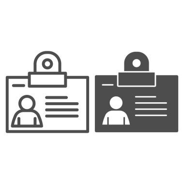 Kişisel rozet hattı ve sağlam bir ikon. Beyaz arkaplanda nesne taslak resim çizimi için fotoğraf içeren kimlik kartı. Cep telefonu konsepti ve web tasarımı için kopçası olan kimlik kartı. Vektör grafikleri.