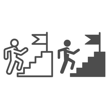 Kariyer merdiveni çizgisi ve sağlam bir ikon. Beyaz zemin üzerinde bayrak kaidesinin üzerine tırmanan adam resmi çiziyor. Mobil konsept ve web tasarımı için iş rekabeti. Vektör grafikleri.