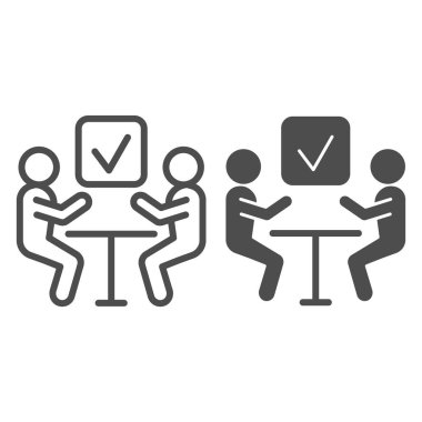 İş görüşmesi hattı ve sağlam bir ikon. Masada iki kişi var ve beyaz arkaplanda işaret kutusu ana hatlı resim çizimi var. Mobil konsept ve web tasarımı için röportaj adayı. Vektör grafikleri.