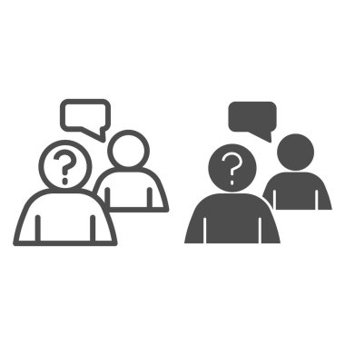 İş görüşmesi hattı ve sağlam bir ikon. Kabarcıklı iki insan silueti ve beyaz arka planda ana hatlarıyla resim çizimi. İnsanlar mobil konsept ve web tasarımı için iletişim kuruyor. Vektör grafikleri.