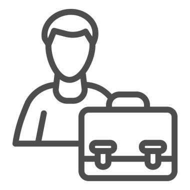 Erkek silueti ve evrak çantası çizgisi simgesi. Aday iş portföyü beyaz arkaplanda resim çizimi. Mobil konsept ve web tasarımı için insan ve ofis çantası. Vektör grafikleri.