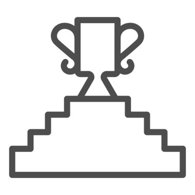 Altın kupa merdiven çizgisi ikonunda. Merdivenli yayalar ve beyaz arka planda üst ana hatlı fincanlar. Mobil konsept ve web tasarımında birincilik ödülü. Vektör grafikleri.