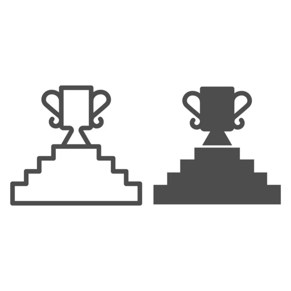 Golden trophy on staircase line and solid icon. Pedestal with stairs and cup on top outline style pictogram on white background. First place award for mobile concept and web design. Vector graphics. — Stock Vector