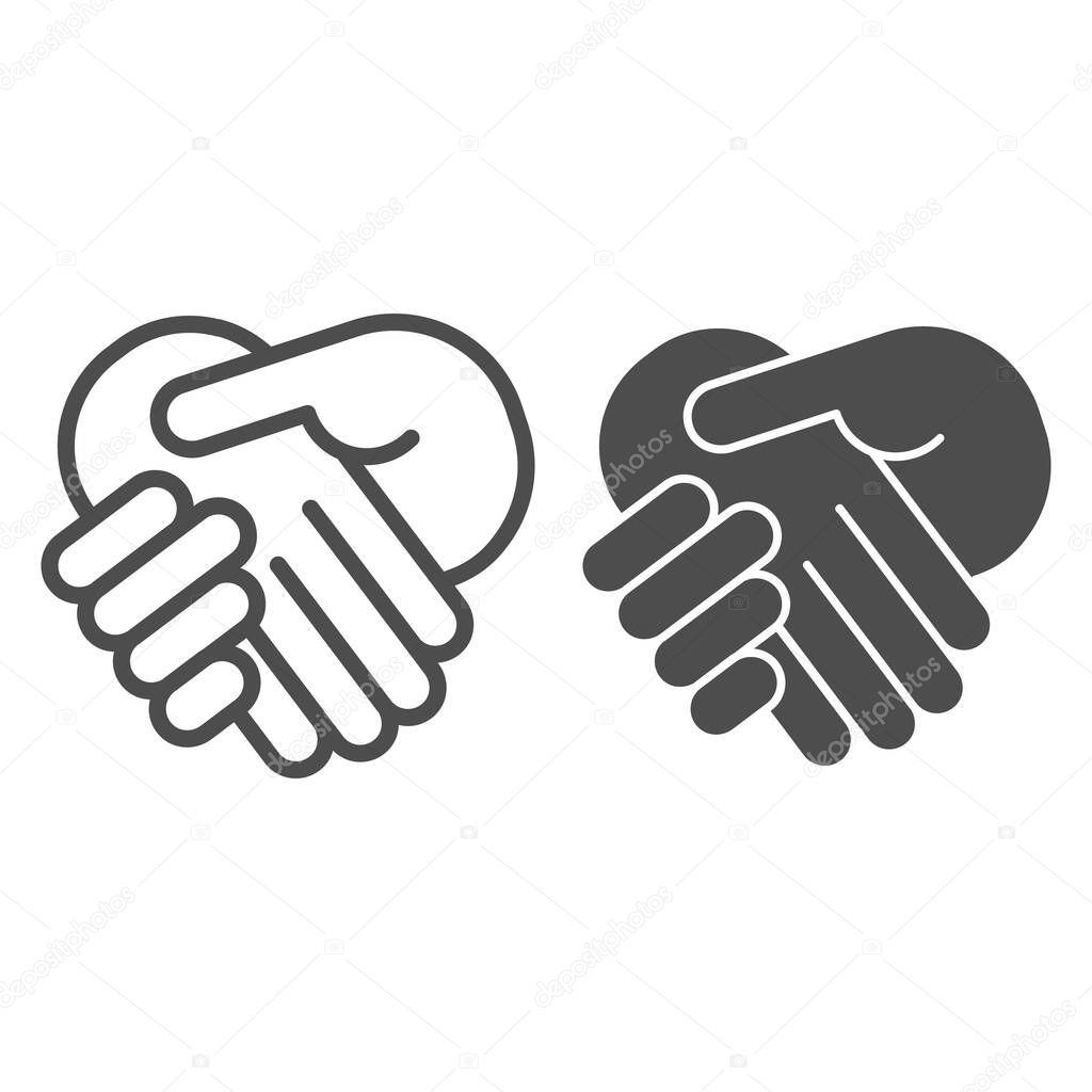 Handshake line and solid icon. One hand support another one outline style pictogram on white background. Partnership or Successful deal for mobile concept and web design. Vector graphics