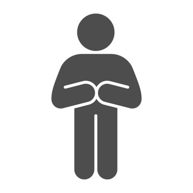 Yalvaran ya da özür dileyen adam sağlam bir ikon. Beyaz arka planda katlanmış kolları olan bir adamın ön duruşu. Mobil konsept ve web tasarımı için dua edin. Vektör grafikleri.