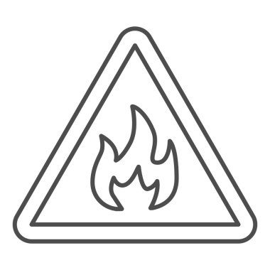 Ateş sembolü olan üçgen ince çizgi ikonu. Beyaz arka planda yanıp tutuşan uyarı işareti çizgisi biçiminde resim çizimi. Taşınabilir konsept ve web tasarımı için ateş uyarısı işareti. Vektör grafikleri.