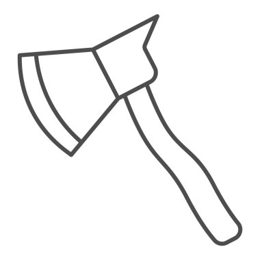 İtfaiyeci baltası ince çizgi ikonu. Beyaz arkaplanda Axe sembolü ana hatlı resim çizimi. Taşınabilir konsept ve web tasarımı için yangın güvenlik ekipmanı tabelaları. Vektör grafikleri.