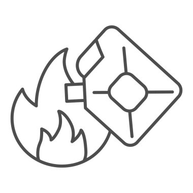 Teneke kutu ve ince çizgi simgesini ateşle. Kundakçılık, beyaz arka planda alev anahatlı resim çizimi ayarlıyor. Yanıcı sıvılar için teneke kutu ve mobil konsept ve web tasarımı için ateş sembolü. Vektör grafikleri.