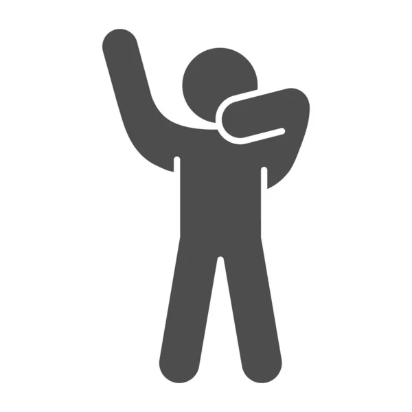 Strichmännchen mit Händen nach oben Silhouette solides Symbol. Mann vor ihm posiert mit erhobenen Händen im Stil eines Piktogramms auf weißem Hintergrund. Menschliche Posen für mobiles Konzept und Webdesign. Vektorgrafik. — Stockvektor