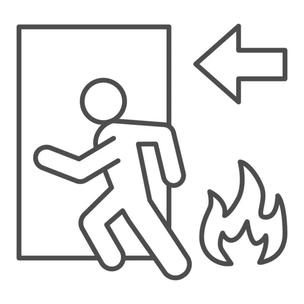 Icône de sortie de feu ligne mince. Pictogramme de style d'évacuation d'urgence sur fond blanc. Flamme et porte avec signe d'avertissement de figure humaine pour concept mobile et web design. Graphiques vectoriels . — Image vectorielle