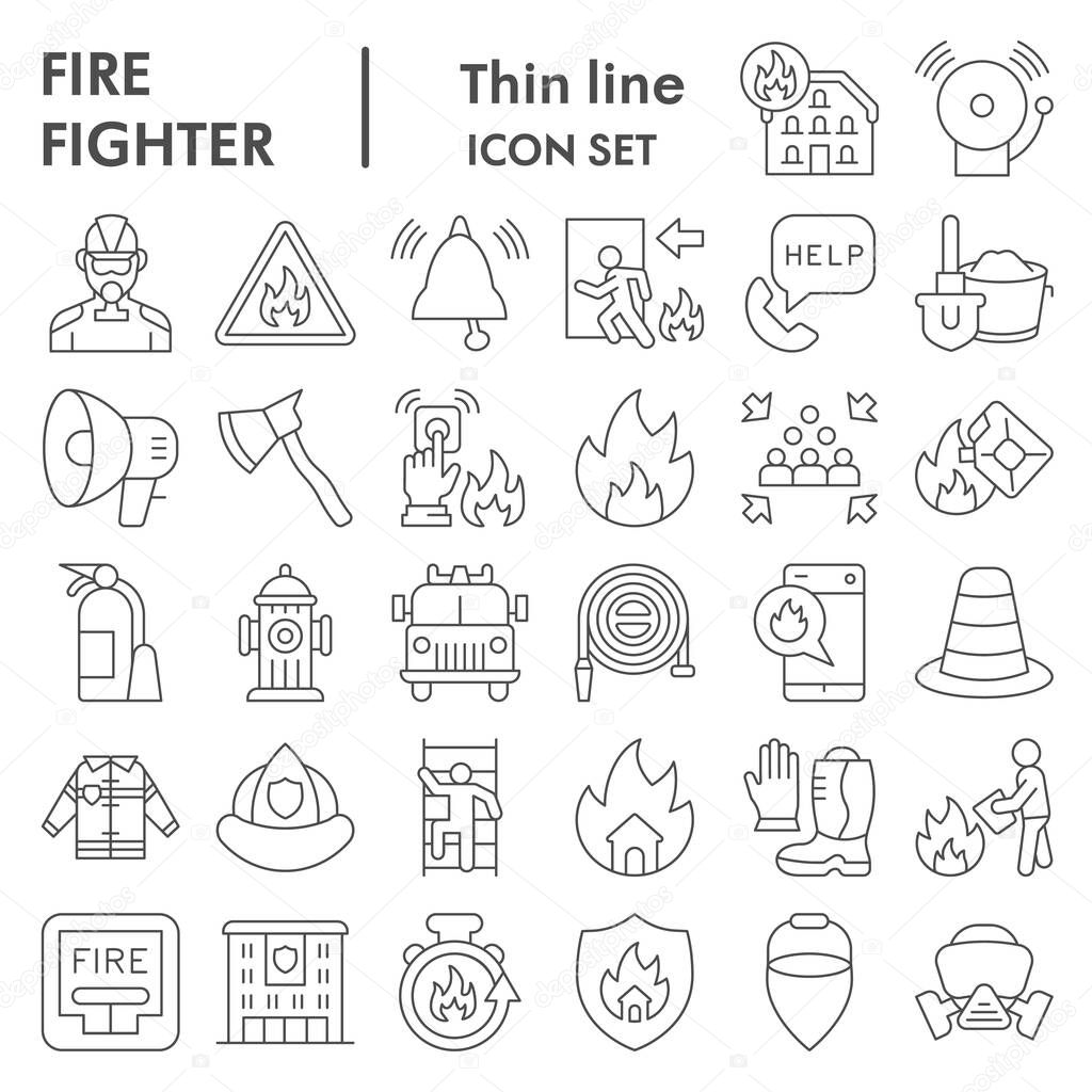 Firefighter thin line icon set, Fire safety symbols set collection or vector sketches. Fire service signs set for computer web, the linear pictogram style package isolated on white background, eps 10.