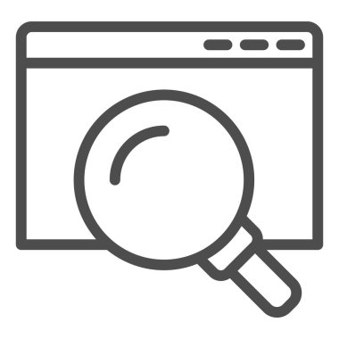 Pencere sayfa simgesini ara. Büyüteci olan bir web tarayıcısı. İnternet teknolojisi vektör tasarımı konsepti, beyaz arka planda ana hatlı resim çizimi, web ve uygulama için kullanım. Eps 10.