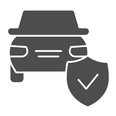 Araba koruma amblemi katı simge. Kalkanlı bir araç, güvenli sürüş sembolü, beyaz arka planda kabartma şekilli resim. Mobil konsept ve web tasarımı için trafik kazası tabelası. Vektör grafikleri.