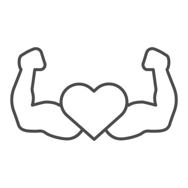 Güçlü atlet çizgisi ve sağlam bir ikon. Kas sembollü kalp, beyaz arka planda ana hatlı resim. Mobil konsept için sağlıklı yaşam tarzı ya da form işareti, web tasarımı. Vektör grafikleri.