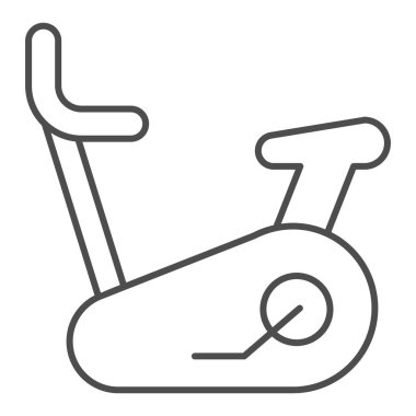 Egzersiz bisikleti çizgisi ve sağlam bir ikon. Sabit fitness döngüsü sembolü, beyaz arkaplanda ana hatlı resim çizimi. Sağlıklı yaşam tarzı ya da mobil konsept ve web tasarımı için spor işareti. Vektör grafikleri.