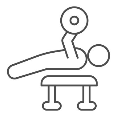 Ağırlık kaldırma egzersizi ve sağlam bir ikon. Vücut geliştirici halter sembolü ile uzanır ve egzersiz yapar, beyaz arkaplanda ana hatlı resim çizer. Mobil konsept için fitness işareti, web tasarımı. Vektör grafikleri.