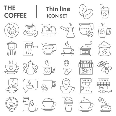 Kahve ince çizgi ikonu seti. Kafein ya da kafe tabelaları koleksiyonu, eskizler, logo çizimleri, web sembolleri, beyaz arkaplanda izole edilmiş taslak stil piktogramlar paketi. Vektör grafikleri.