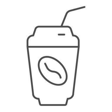 Kahve fincanı ince çizgi ikonu. Kapaklı sıcak içecek kupası ve fasulye sembolü, beyaz arka planda ana hatlı resim. Mobil konsept için kafein ya da kafe tabelası, web tasarımı. Vektör grafikleri.
