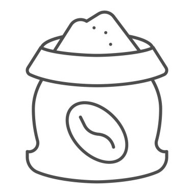 Bir çanta kahve çekirdeği ince çizgi ikonu. Tahıl ve fasulye sembollü açık torba, beyaz arka planda ana hatlı resim. Mobil konsept ve web tasarımı için kafein ya da kafe tabelası. Vektör grafikleri.