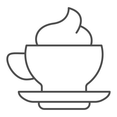 Kahve ve krema ince çizgi ikonu. Sütlü dondurma sembollü sıcak içecek kupası, beyaz arka planda ana hatlı resim. Mobil konsept için sabah fincanı tabelası, web tasarımı. Vektör grafikleri.