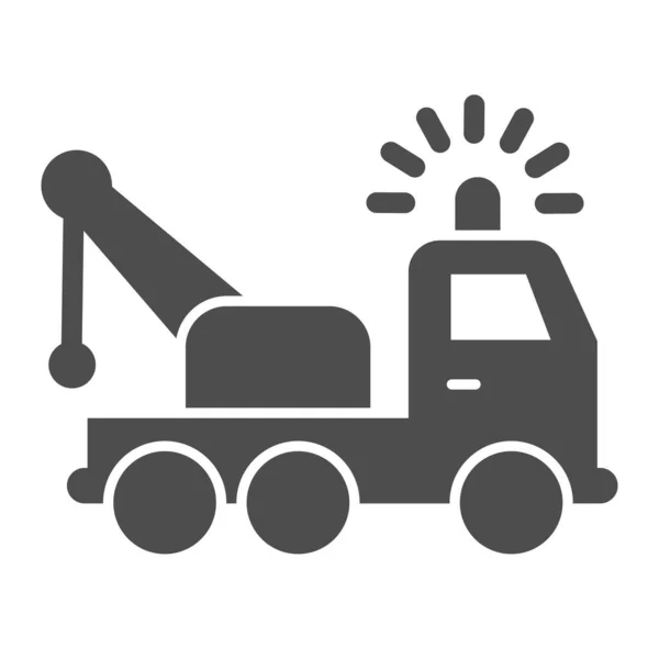 Tow truck solid icon. Vehicle salvage with crane and signal sirene symbol, glyph style pictogram on white background. Road accident sign for mobile concept and web design. Vector graphics. — Stock Vector