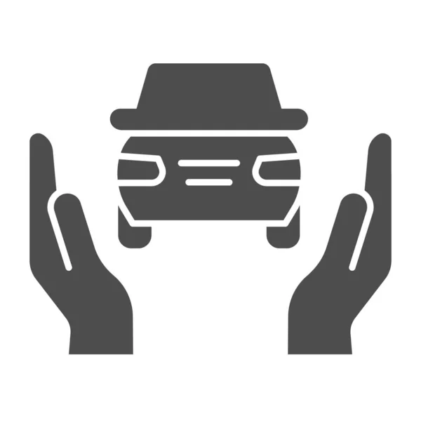 Autoversicherung solide Ikone. Auto-Schutz, unterstützt durch zwei Hände-Symbol, Piktogramm im Glyphen-Stil auf weißem Hintergrund. Verkehrsunfallschild für mobiles Konzept und Webdesign. Vektorgrafik. — Stockvektor