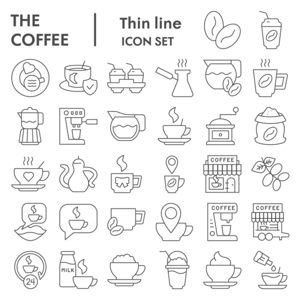 Kaffee Thin Line Icon Set vorhanden. Sammlung von Koffein- oder Café-Schildern, Skizzen, Logoabbildungen, Web-Symbolen, umrissenen Stil-Piktogrammen auf weißem Hintergrund. Vektorgrafik. — Stockvektor