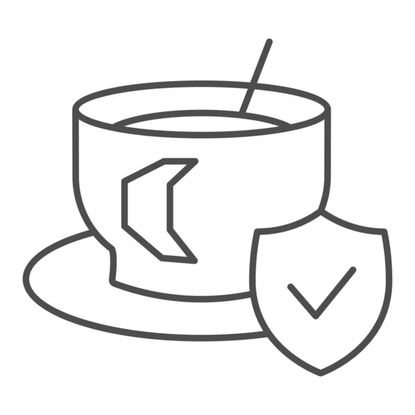 ソーサーと承認されたエンブレム細い線のアイコン上のコーヒーカップ。ホットドリンクのシンボル、白い背景にアウトラインスタイルのピクトグラム。携帯電話のコンセプトやウェブデザインのためのカフェインやカフェの看板。ベクトルグラフィックス. — ストックベクタ