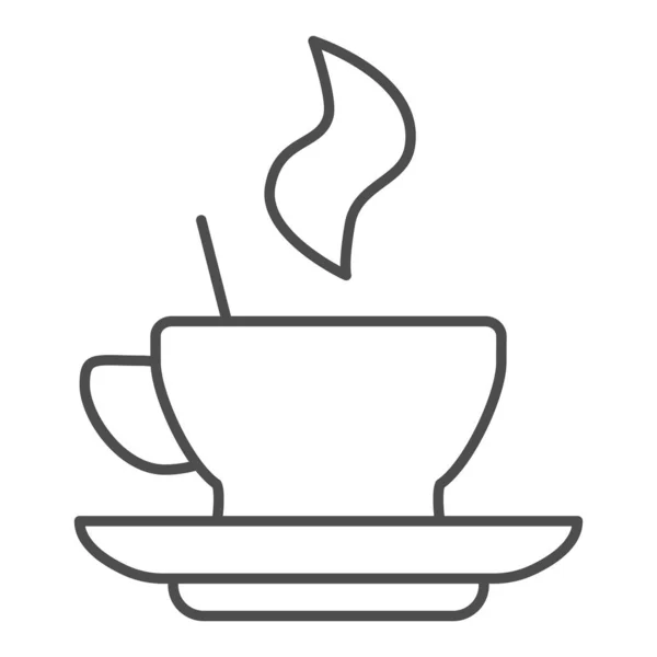 Café caliente en una taza en platillo icono de línea delgada. Taza con símbolo de bebida y vapor, pictograma de estilo de contorno sobre fondo blanco. Señal de cafeína o cafetería para concepto móvil, diseño web. Gráficos vectoriales . — Archivo Imágenes Vectoriales