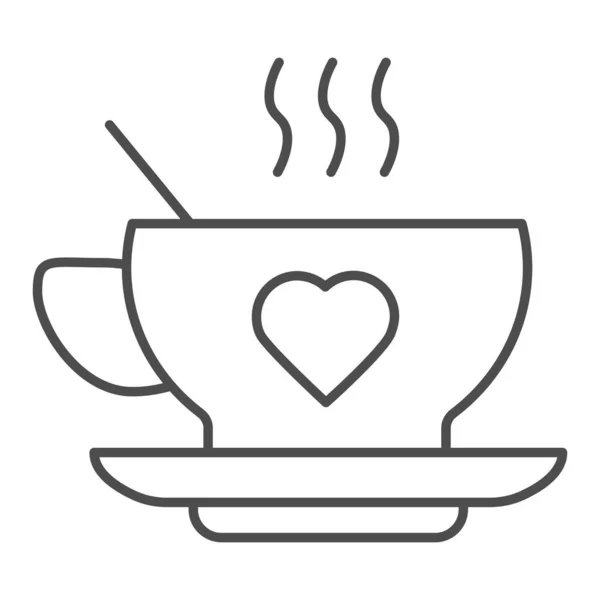 Forró ital csésze és szív vékony vonal ikon. Bögre szerelem alakú csészealj szimbólum, körvonalazott stílus piktogram fehér háttér. Kávé vagy kávézó jel a mobil koncepció és a web design. Vektorgrafika. — Stock Vector