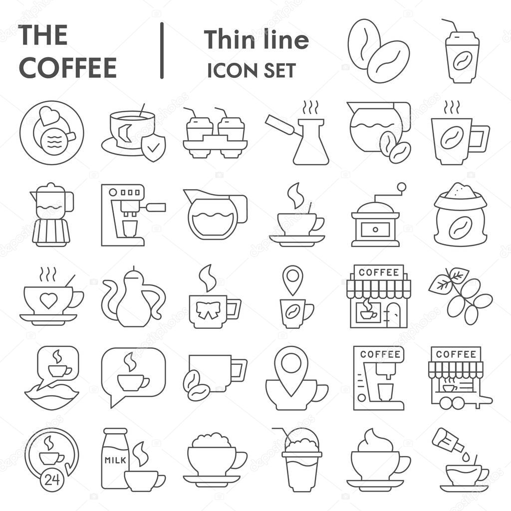 Coffee thin line icon set. Caffeine or cafe signs collection, sketches, logo illustrations, web symbols, outline style pictograms package isolated on white background. Vector graphics.
