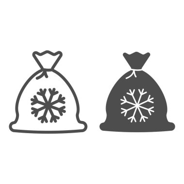 Kar tanesi torbası hattı ve sağlam bir ikon. Hediye çantası, beyaz arkaplanda resim çizimi. Mobil konsept ve web tasarımı için hediyeli Noel çantası ve kar tanesi imajı. Vektör grafikleri.