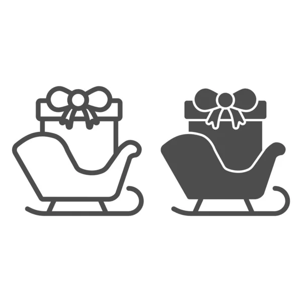 Sledge con línea de regalos e icono sólido. Navidad Santa Claus trineo contorno estilo pictograma sobre fondo blanco. Trineo con caja actual y lazo para concepto móvil y diseño web. Gráficos vectoriales . — Archivo Imágenes Vectoriales