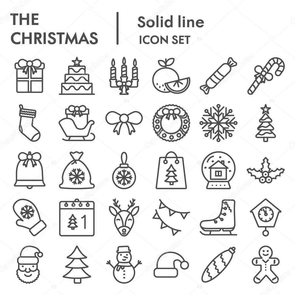 Christmas line icon set. Winter holiday collection or sketches, symbols. New year signs for web design and mobile app, outline style pictogram package isolated on white background. Vector graphic