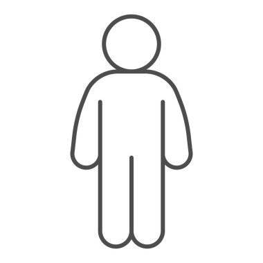 Adam ince çizgi ikonu gibi duruyor. Ön taraftaki adam, kollarını beline kadar indirip beyaz arkaplanda resim çiziyor. Mobil konsept ve web tasarımı için ayakta duran kişi. Vektör grafikleri.