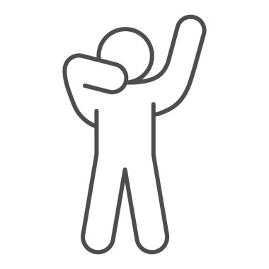 Erkek silueti ince çizgi ikonu oluşturuyor. Ön taraftaki adam beyaz arka planda el kaldırılmış resim çizimi çiziyor. Sakin ol adamım. Mobil konsept ve web tasarımı için poz ver. Vektör grafikleri.