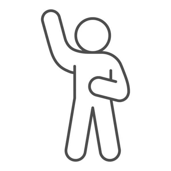 Assurance ou bonjour pose mince icône de ligne. Homme avec la main gauche soulevé pictogramme de style contour sur fond blanc. Stick figure agitant avec sa main pour concept mobile et web design. Graphiques vectoriels . — Image vectorielle