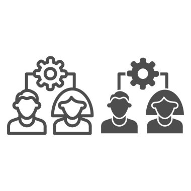 Takım mekanizma hattı ve sağlam ikon. İşbirliği, kadın ve erkek sembolü olan ekipman, beyaz arka planda ana hatlı resim. Mobil konsept ve web tasarımı için takım çalışması işareti. Vektör grafikleri.