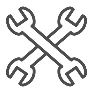 Anahtar çizgisi simgesi. İki çapraz kulp aracı, teknik veya onarım ögesi sembolü, beyaz arkaplanda ana hatlı resim çizimi. Mobil konsept için inşaat tabelası, web tasarımı. Vektör grafikleri.