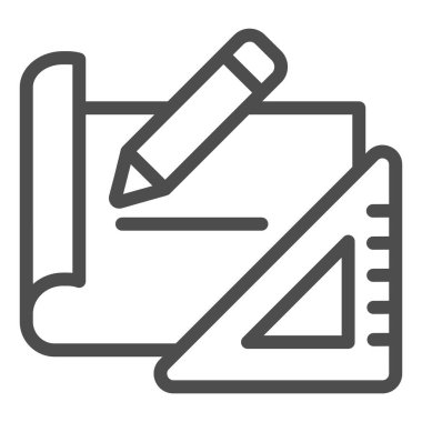 Bina planı simgesi oluşturuluyor. Proje araçları, kalem ve cetvel sembollü kağıt, beyaz arkaplanda ana hatlı resim çizimi. Mobil konsept ve web tasarımı için inşaat tabelası. Vektör grafikleri.