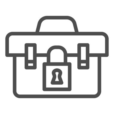 Araç kutusu çizgisi simgesi. Onarım araçlarıyla dolu bavul, kilitli araç kutusu sembolü, beyaz arkaplanda ana hatlı resim çizimi. Mobil konsept için inşaat tabelası, web tasarımı. Vektör grafikleri.