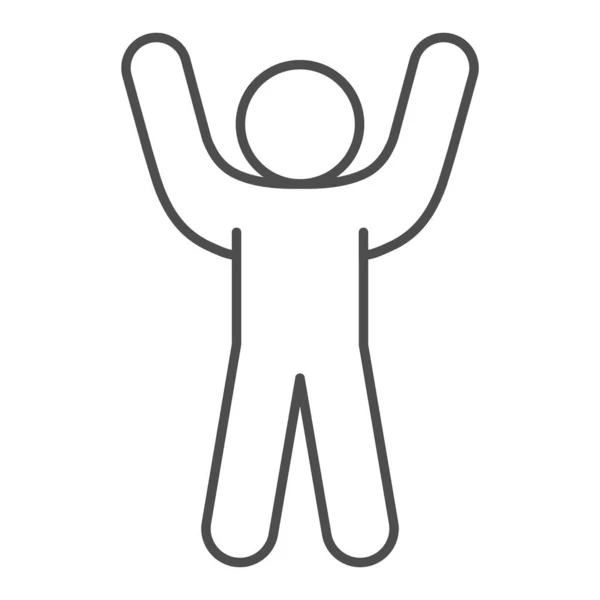 Figurine bâton acclamant avec sa main vers le haut icône de ligne mince. Homme avec les bras vers le haut pictogramme de style contour sur fond blanc. Stickman lever la main pour le concept mobile et web design. Graphiques vectoriels . — Image vectorielle