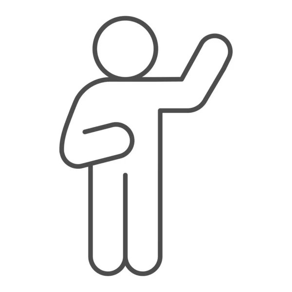 Hallo Pose dünne Linie Symbol. Mann mit erhobener und gesenkter Hand auf dem linken Umrisspiktogramm auf weißem Hintergrund. Person winkt mit der Hand für mobiles Konzept und Webdesign. Vektorgrafik. — Stockvektor