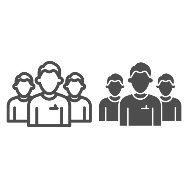 Mens group line and solid icon. Three men in uniform, office workers team symbol, outline style pictogram on white background. Teamwork sign for mobile concept and web design. Vector graphics. — Stock Vector