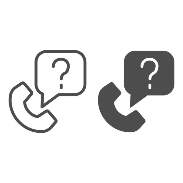 Telefon- und Fragendialogzeile und solides Symbol. Fragen Sie per Telefonanruf nach Hilfe oder Infosymbol, umreißen Sie das Stilpiktogramm auf weißem Hintergrund. Teamwork-Zeichen für mobiles Konzept, Webdesign. Vektorgrafik. — Stockvektor